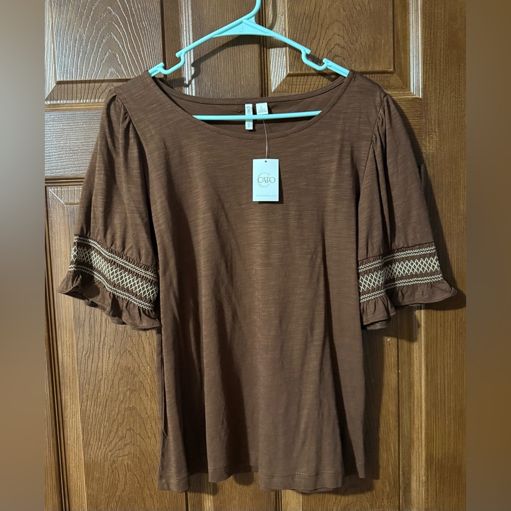 Cato Brown Blouse with Embroidered Sleeves